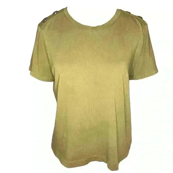 Zara Top Womens Large Short Sleeve Olive Green Metal Shoulder Detail Army Button - Picture 7 of 8